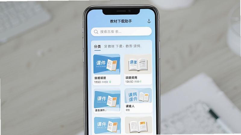 一部现代智能手机屏幕显示着“教材下载助手”应用界面,界面设计简洁清爽,顶部有搜索栏,中间展示分类清晰的课件列表,背景为柔和的浅蓝色渐变,风格扁平化,高清画质,无多余元素