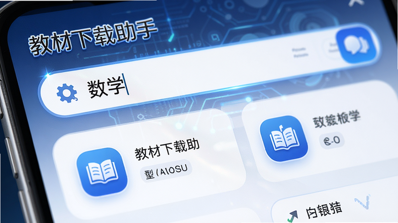 “教材下载助手”应用内的搜索界面特写,显示用户正在输入“数学”关键词,下方列出多个匹配结果,界面清晰,图标精致,风格科技感,高清细节