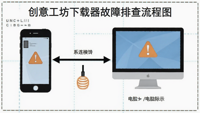 创意工坊下载器故障排查流程图,主体为手机与电脑连接示意图,布局逻辑清晰,排版简约,风格技术文档感,细节包括箭头指向、警告符号,画质清晰,干净无多余元素