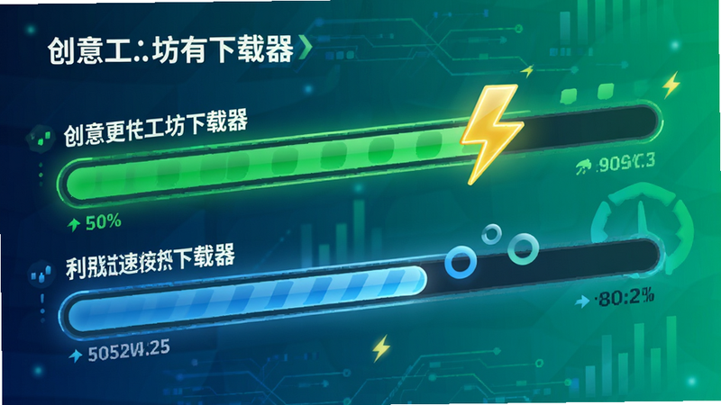 创意工坊下载器下载速度对比图,主体为两条进度条,布局上下排列,排版动态感强,风格数据可视化,细节包括绿色进度条、闪电符号,画质清晰,干净无多余元素
