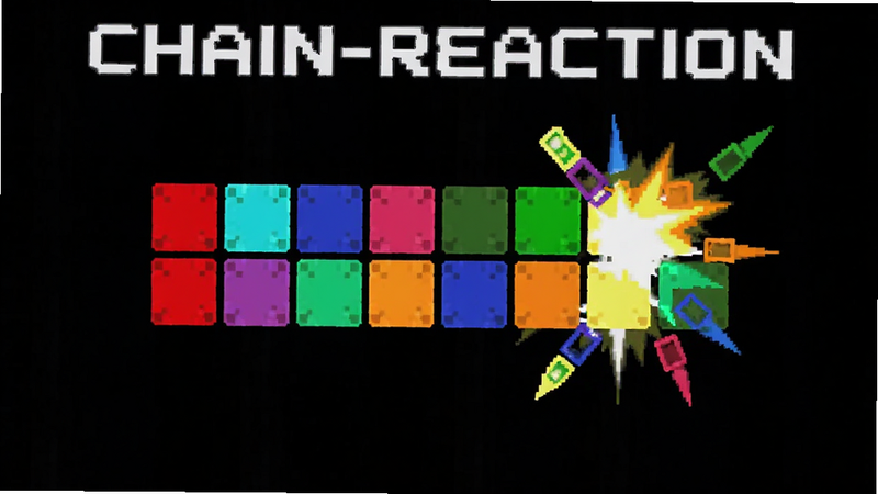 chain-reaction游戏界面预览图,深色背景,中央显示彩色方块连锁爆炸效果,风格极简,高对比度