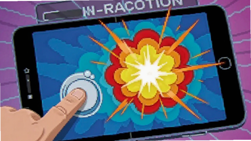 chain-reaction操作演示图,手指点击屏幕触发爆炸动画,色彩鲜艳