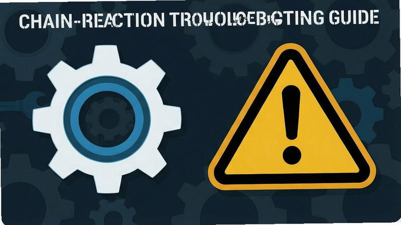chain-reaction troubleshooting guide illustration, gear icon and warning sign, clean vector style