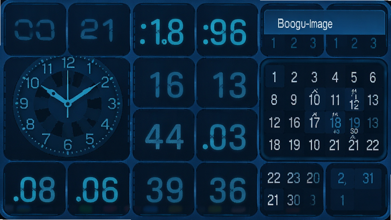 Boogu-Image 提示词:主体是一个时钟与日历结合的数字界面,布局为网格状,排版紧凑,风格为科技感蓝色调,细节包括高亮的时间标记,画质高清干净无多余元素