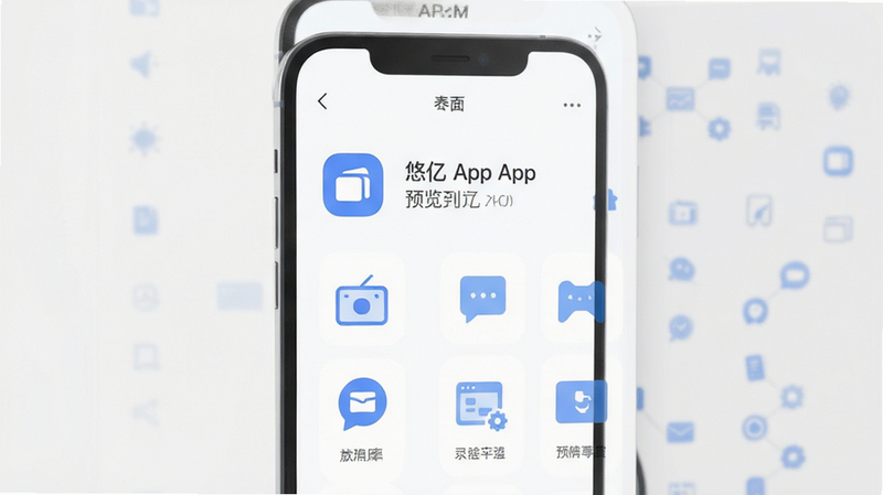 悠亿APP界面预览,现代极简风格UI设计,白色背景,蓝色图标,清晰的文字排版,扁平化图标,高清渲染,干净无多余元素