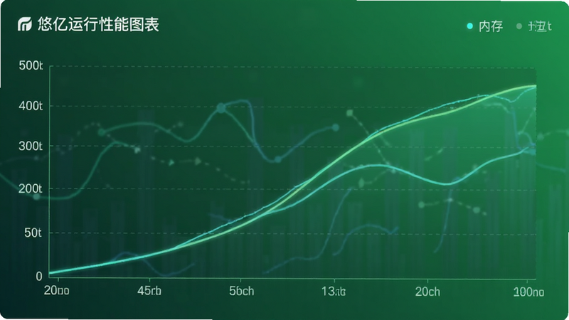 悠亿运行性能图表,内存占用低,流畅曲线,绿色背景,数据可视化风格