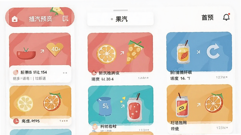 果汽APP首页预览,展示导航栏与内容列表,扁平化设计风格