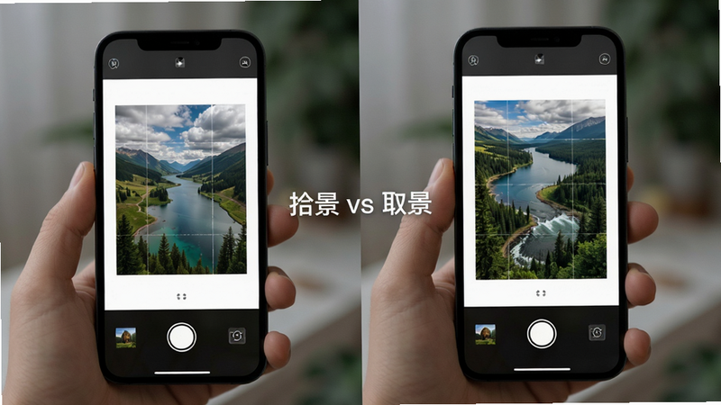 拾风景摄影概念对比图,主体为手机屏幕展示风景照片,布局对比式,排版平衡,风格艺术感,细节展示不同视角的自然景观,画质干净无多余元素,文字显示