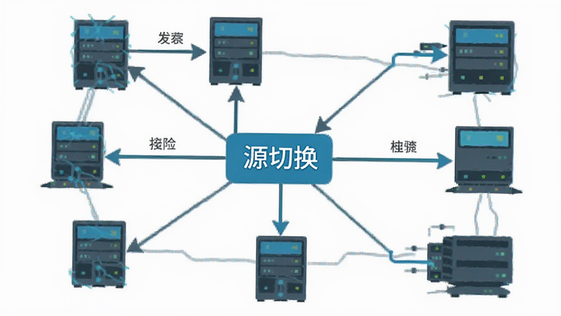 LibreTV独立研究版数据源切换示意图,主体为网络拓扑结构图,布局为节点连接,排版简洁,风格为扁平化图标,细节为箭头指向不同服务器,画质清晰干净无多余元素,文字显示