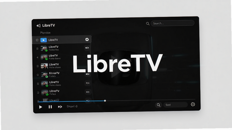 LibreTV独立研究版界面展示,主体为现代简约风格的视频播放器窗口,布局居中,排版清晰,深色背景,细节为播放列表与搜索框,风格为科技感,画质高清干净无多余元素,文字显示