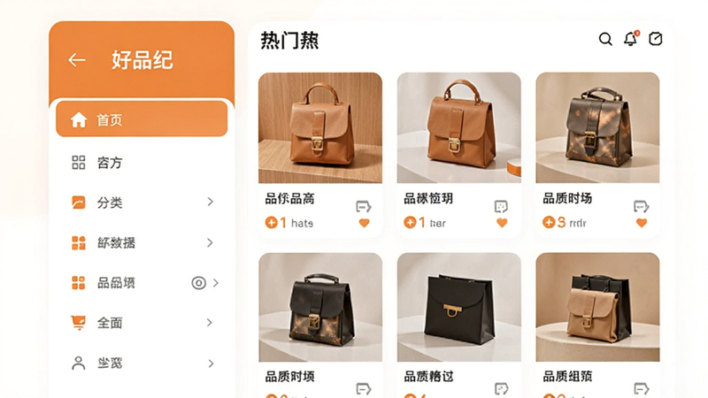 好品纪APP界面展示,左侧为分类导航栏,右侧为热门商品列表卡片,整体风格现代简约,色调以暖橙色为主,体现品质感