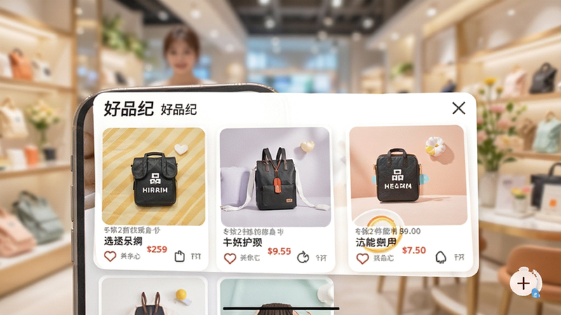 好品纪APP内部智能推荐界面,展示个性化商品卡片,背景模糊处理突出前景产品细节,色彩明亮清晰