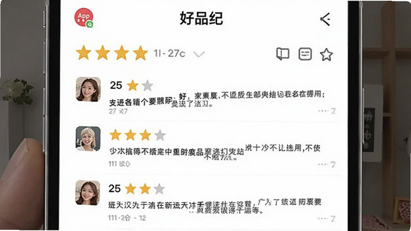 好品纪APP用户评论板块,展示带有星级评分和文字描述的真实反馈,界面整洁,字体清晰易读