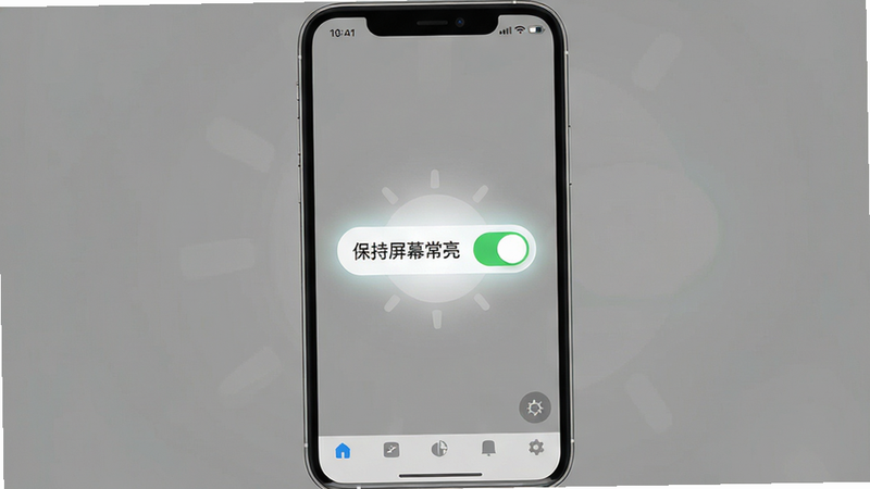 屏幕常亮助手app界面展示,主体为一个简洁的手机屏幕截图,中央显示明显的“保持屏幕常亮”开关按钮处于开启状态,周围有柔和的光晕表示屏幕亮度稳定,布局居中对称,排版清晰直观,风格扁平化现代UI设计,细节包括顶部状态栏时间、底部导航栏图标,画质高清干净无多余元素