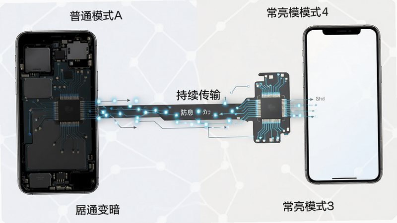 AI生成的示意图,主体为手机内部芯片与屏幕之间的数据流可视化,展示“防息屏”信号持续传输,布局呈左右对比结构,左侧显示普通模式下的屏幕变暗,右侧显示常亮模式下的明亮状态,排版简洁科学风格,细节包含电路线条和发光点,画质高清干净无多余元素