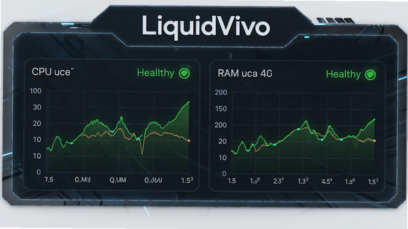 LiquidVivo performance dashboard, showing CPU and RAM usage graphs, green healthy indicators, tech-focused visual style, text