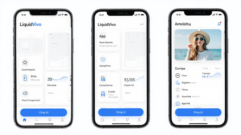 LiquidVivo app interface, clean modern UI design, white background with blue accent buttons, minimalistic layout, high quality screenshot style, text