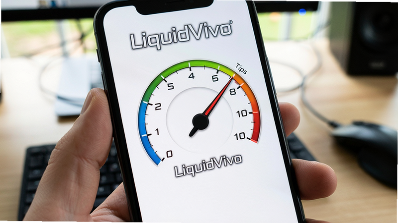 LiquidVivo performance optimization tips, phone screen with speedometer graphic, text