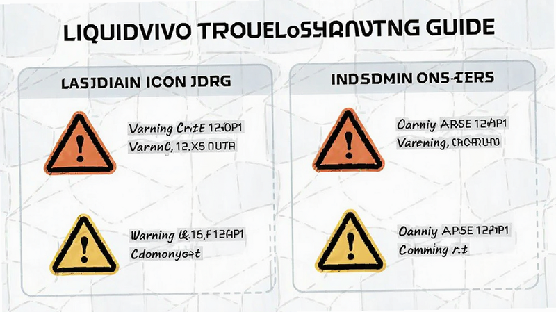 LiquidVivo troubleshooting guide, step-by-step installation instructions, warning icons for common errors, clean instructional design
