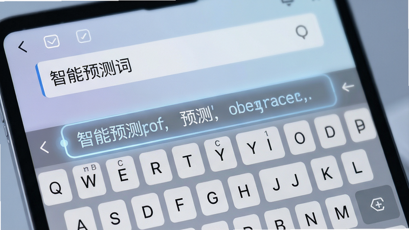 主体为输入框界面,布局显示预测词候选栏,排版位于键盘上方,风格柔和科技感,细节展示高亮选中的预测词汇,画质细腻,无模糊元素,文字包含