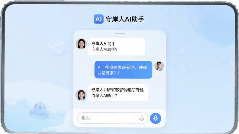 主体为守岸人AI助手的应用界面截图,布局采用居中卡片式设计,顶部显示软件Logo“守岸人AI助手”,中间区域展示对话气泡,包含用户提问和AI回复,底部为输入框和麦克风图标,背景为柔和的淡蓝色渐变色,风格清新简约,细节丰富,画质高清,干净无多余元素