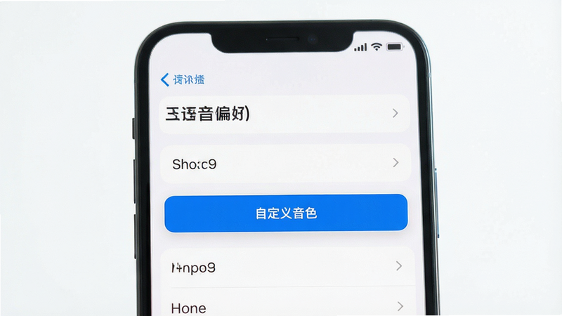 主体为手机设置界面,显示“语音偏好”选项列表,高亮“自定义音色”按钮,布局简洁,风格现代扁平,细节清晰,画质高清,干净背景