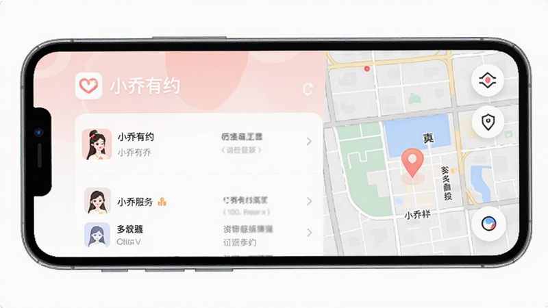 小乔有约APP界面展示,手机屏幕显示服务列表与地图定位功能,风格简约现代,色彩柔和,包含文字
