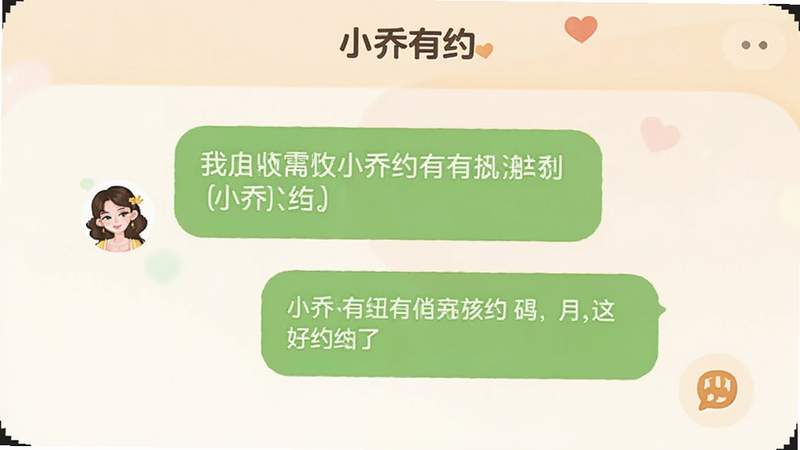 小乔有约APP客服聊天界面示例,显示对话气泡与帮助图标,文字