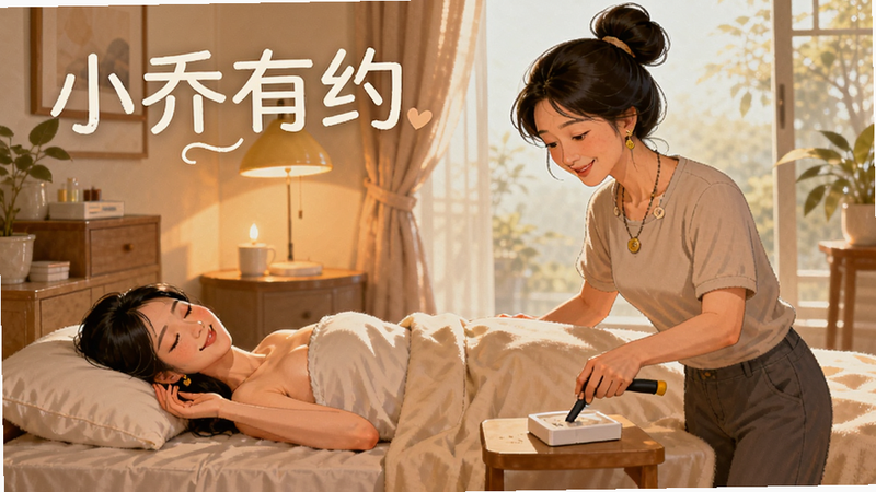 小乔有约服务场景插画,展示上门按摩或清洁服务,文字