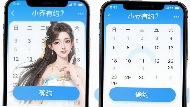 小乔有约APP预约界面,显示日历选择与确认按钮,文字