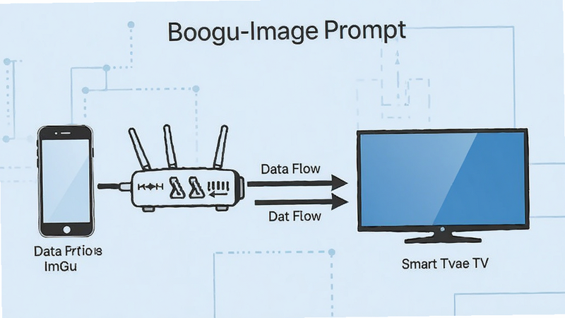 Boogu-Image prompt: A diagram showing a router connecting a smartphone and a smart TV. Arrows indicate data flow. Style: Technical schematic, clean lines, light blue background. High quality, detailed, minimalistic.