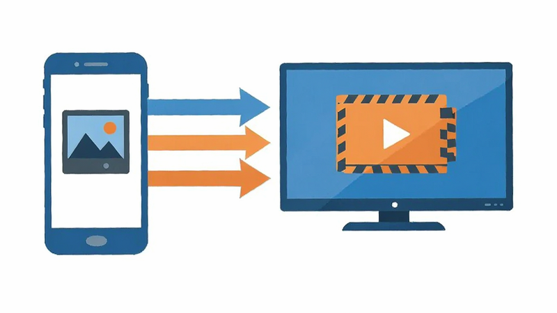 Boogu-Image prompt: A conceptual illustration of data transfer between a smartphone and a smart TV. Arrows showing file flow from phone to TV. Style: Flat design, vector art, blue and orange color scheme. Clean lines, simple icons for photos and videos. High quality, minimalistic, no clutter.