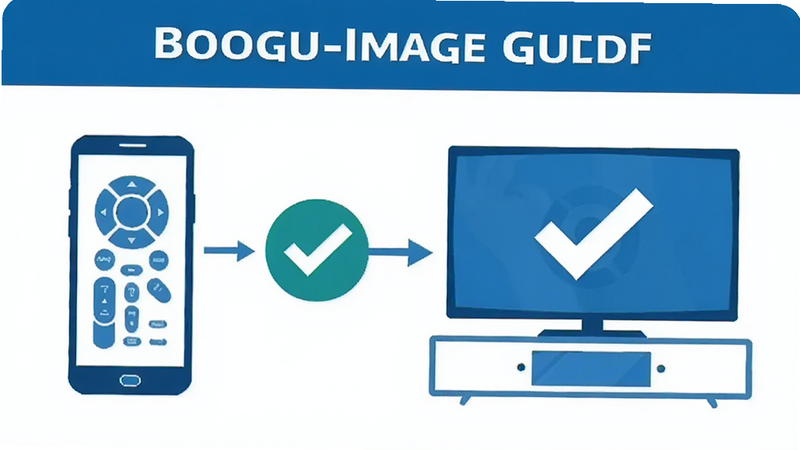 Boogu-Image prompt: A troubleshooting guide illustration for a smart TV remote app. Show a phone connecting to a TV with a checkmark. Style: Infographic, clean vector graphics, blue and white color palette. High quality, simple layout, no extra text, focus on connectivity.