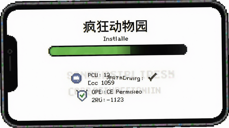 像素风格手机屏幕截图,显示《疯狂动物园》安装进度条和权限请求界面,背景为简洁的白色,文字清晰,无多余元素