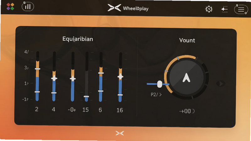 Wheelplay 小鹏定制版音频调节界面,展示均衡器与音量控制滑块,背景为柔和的暖色调,主体为软件UI元素,细节丰富,风格扁平化设计,画质清晰无噪点