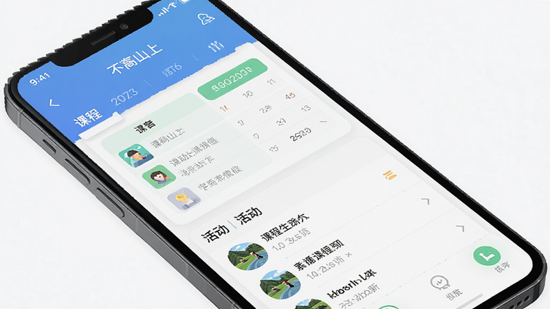 ����һ��չʾ������ɽ�ϡ�APP�����ʾ��ͼ������Ϊ�ֻ���Ļ��ʾ�γ̱����б��������������Ű�����ִ���ƽ���ϸ�ڰ���ͼ������ֱ�ǩ�����ʸ���ɾ��޶���Ԫ��