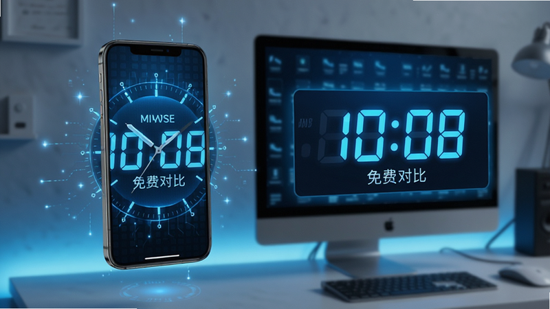 悬浮时钟免费 时间对比,手机时钟与电脑时钟并排显示,数字一致,蓝色背景,科技感