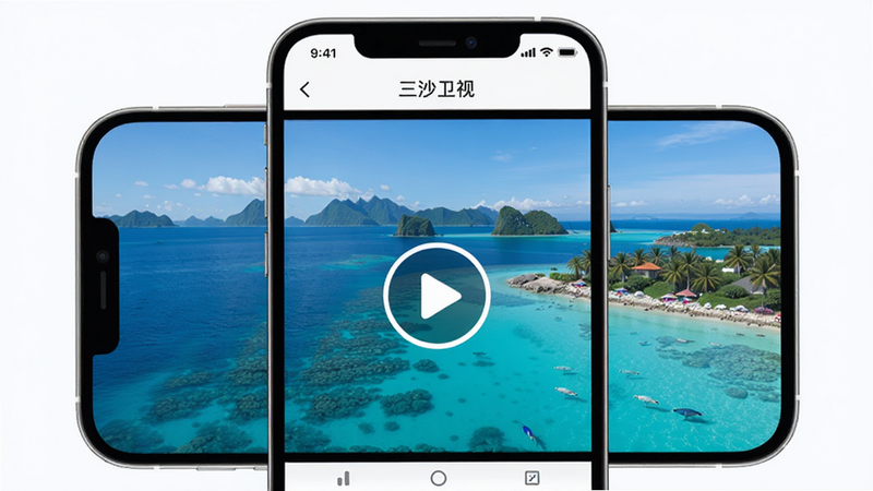 Boogu-Image prompt: A modern smartphone displaying the Three Sha TV app interface, showing a live broadcast of ocean scenery with clear blue water and island landscape. The layout is clean with a prominent play button in the center. Style: realistic UI design, high definition, bright lighting, no extra clutter, text 