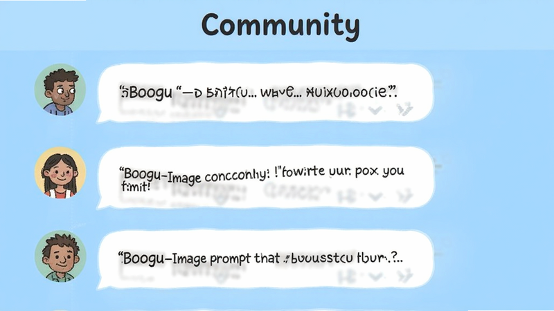 Boogu-Image prompt: A user interface section showing a comment feed with avatars and text bubbles. The background is light blue. Style: social media UI, friendly typography, clear separation between comments, text 