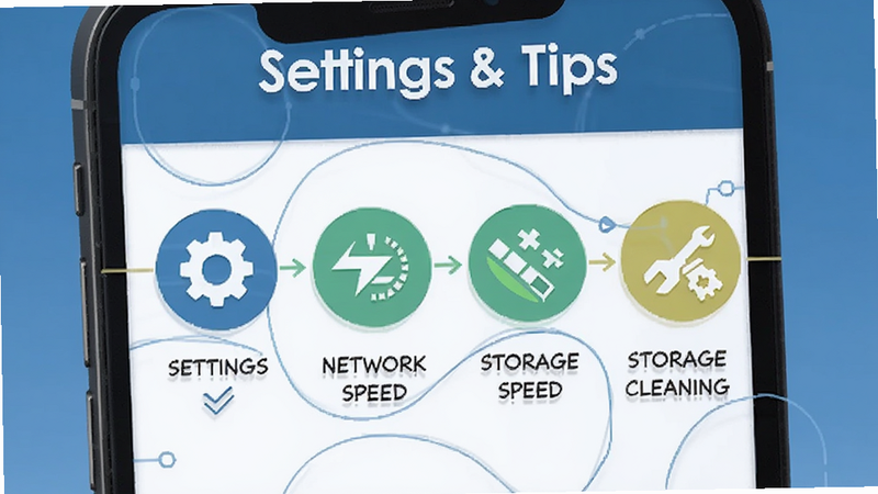 Boogu-Image prompt: A troubleshooting guide illustration on a phone screen, showing icons for settings, network speed, and storage cleaning. Style: infographic style, clean lines, professional look, text 