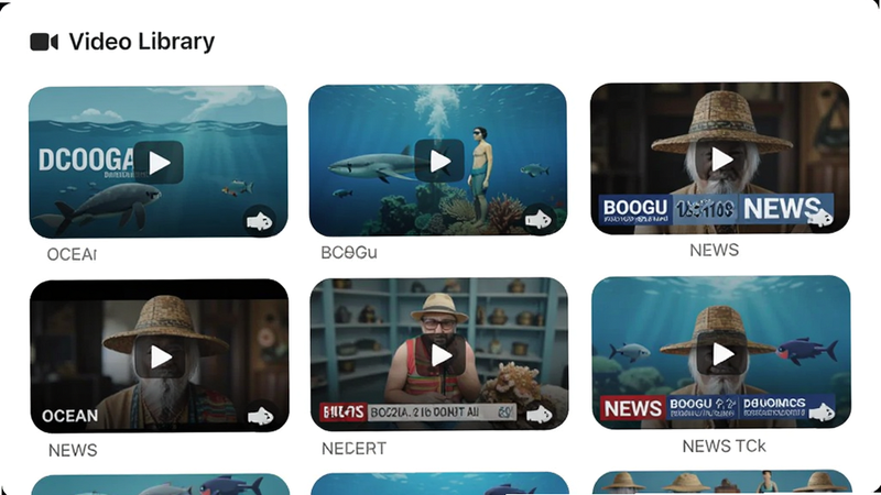Boogu-Image prompt: A grid layout of video thumbnails on a mobile app screen, featuring various ocean-themed documentaries and news clips. The design is minimalist with rounded corners. Style: flat design, modern aesthetic, clear icons, text 