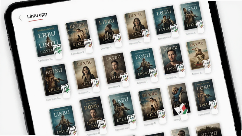 Lintu app displaying a list of books with cover images, EPUB icon visible in the corner, organized grid layout, clean white interface, subtle shadows for depth, modern flat design, high quality digital rendering