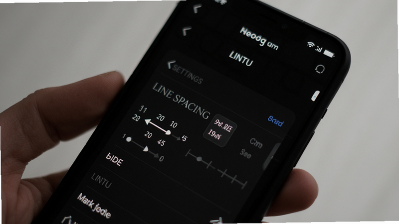 Close-up view of a phone screen running Lintu app, dark mode enabled with black background and white text, font settings panel open, user adjusting line spacing, elegant typography, minimalist aesthetic, soft glow effect
