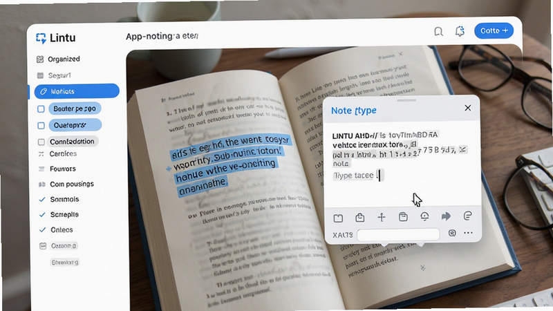 Lintu app note-taking interface, highlighted text in a book, floating note panel with typing cursor, organized sidebar with tags, clean layout, blue accent colors, modern productivity software style