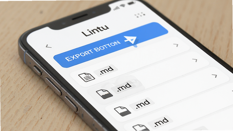 Export button in Lintu app UI, arrow pointing to download, file list with .md extension, clean interface, blue highlight on button, realistic smartphone mockup