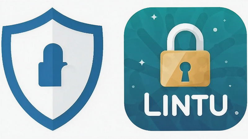 Security shield icon next to Lintu app logo, lock symbol, trustworthy vibe, clean white background, minimalistic design, vector graphic, high clarity