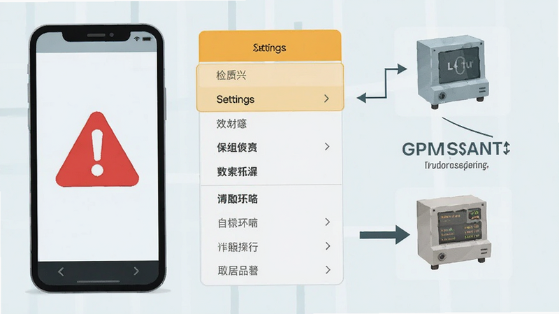 Lintu app troubleshooting guide illustration, smartphone with error icon, settings menu highlighted, simple diagram showing permission grants, clean vector style, informative layout, no text
