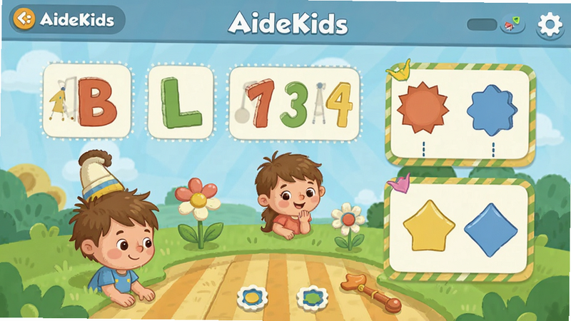 AideKids����������Ԥ��ͼ��չʾ��ͨ���Ķ�ͯ��֪��Ϸ������ɫ��������ܰ��������ĸ�����ֻ���״ʶ��Ԫ�أ���������������ƽ����ƣ�ϸ�ڷḻ�����ʸ���ɾ��޶���Ԫ��
