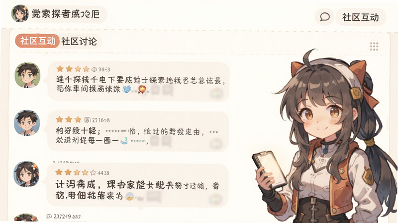 BE二次元探索者 社区讨论页面,展示用户评论气泡与角色立绘,布局紧凑,包含“社区互动”标签,风格温馨,细节清晰