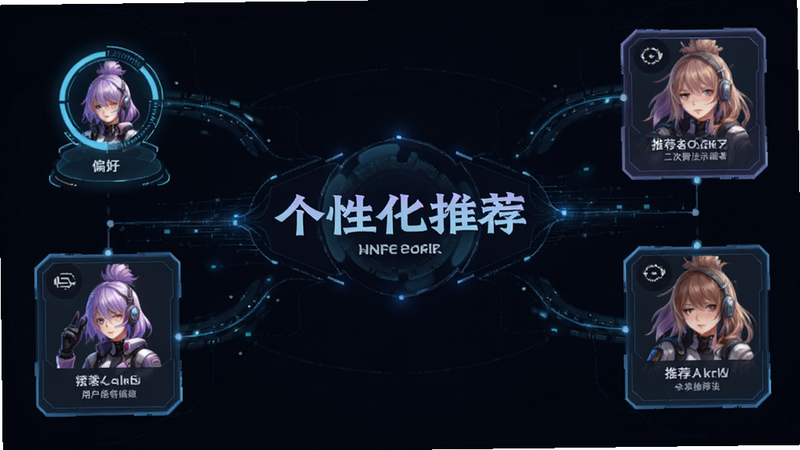 BE二次元探索者 推荐算法示意图,展示用户偏好图标与推荐卡片,风格科技感,包含“个性化推荐”文字,布局对称,画质高清